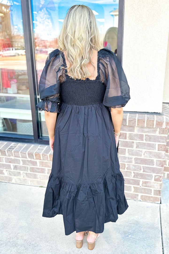 BLACK SHIMMER SMOCKED MIDI DRESS