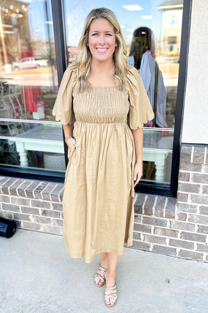 TAN SCALLOP SLEEVE SMOCKED MIDI DRESS