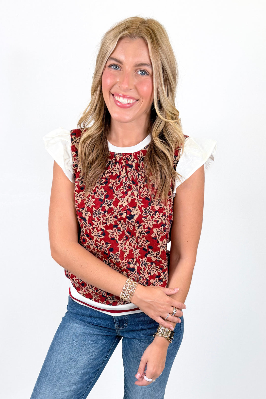 BURGUNDY FLORAL RUFFLE SHOULDER SWEATER TOP