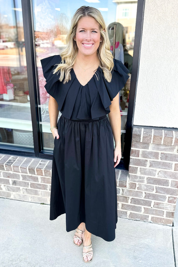 BLACK RUFFLE VNECK MIDI DRESS