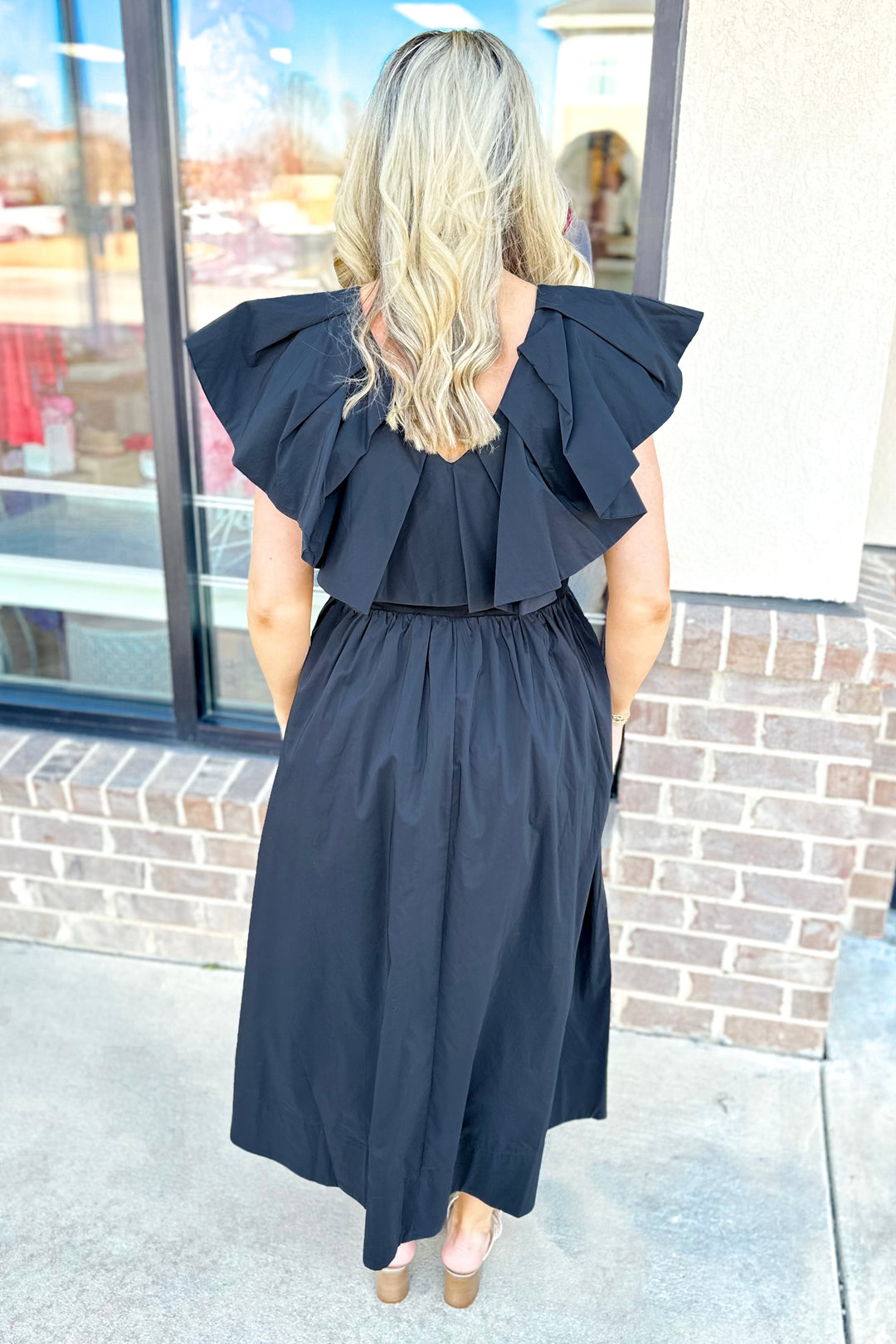 BLACK RUFFLE VNECK MIDI DRESS