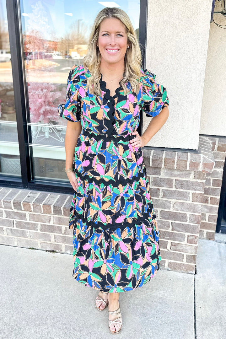 BLACK MULTI FLORAL RIC RAC TIERED MIDI DRESS