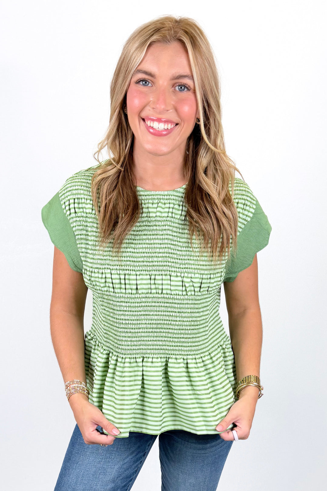 GREEN STRIPE SMOCKED PEPLUM TOP