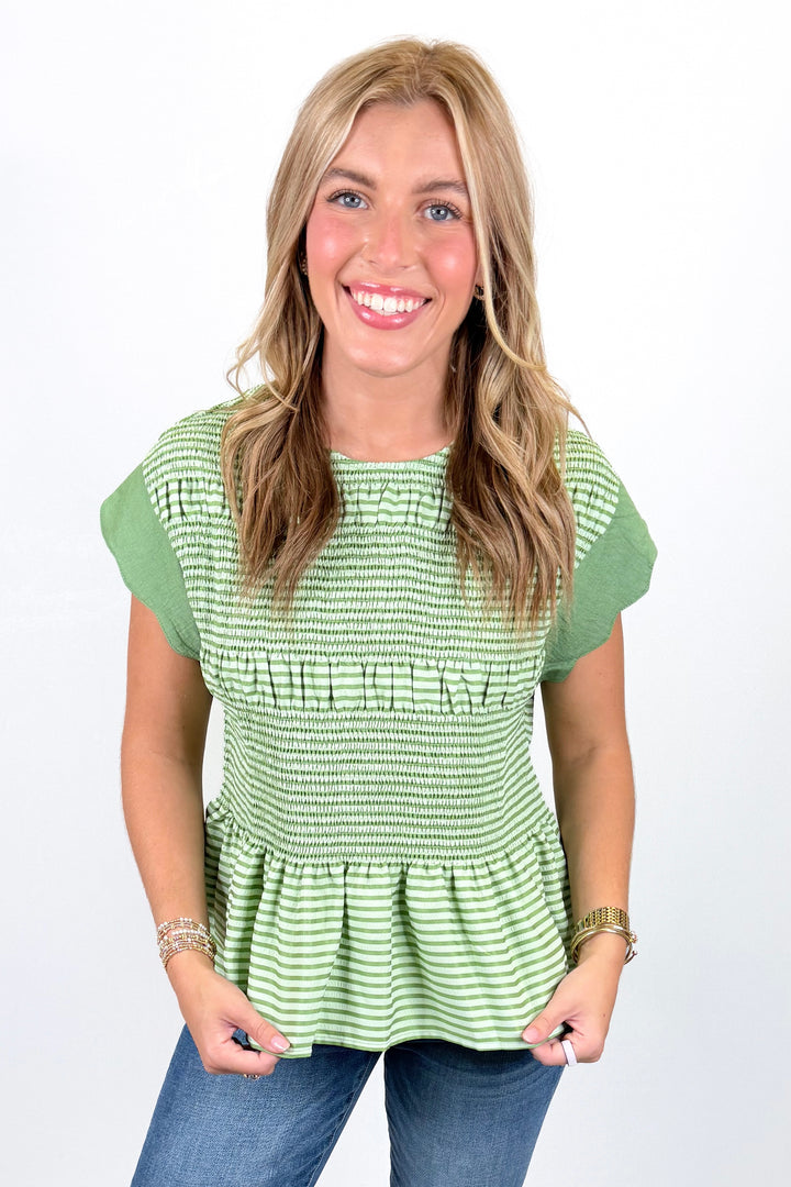 GREEN STRIPE SMOCKED PEPLUM TOP
