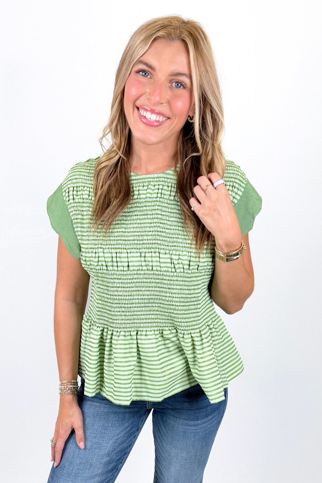 GREEN STRIPE SMOCKED PEPLUM TOP