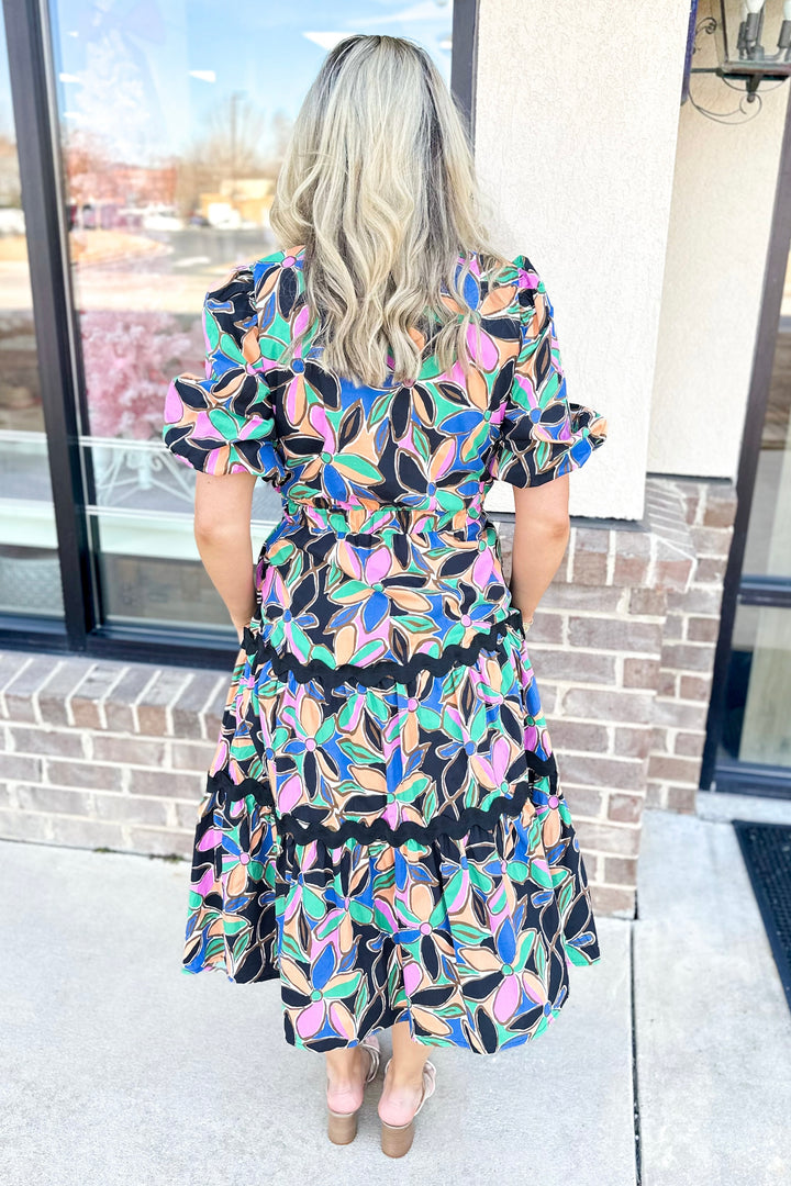 BLACK MULTI FLORAL RIC RAC TIERED MIDI DRESS