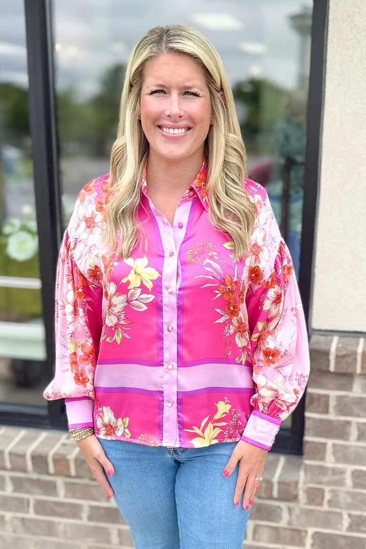 PINK FLORAL BORDER BUTTON DOWN TOP