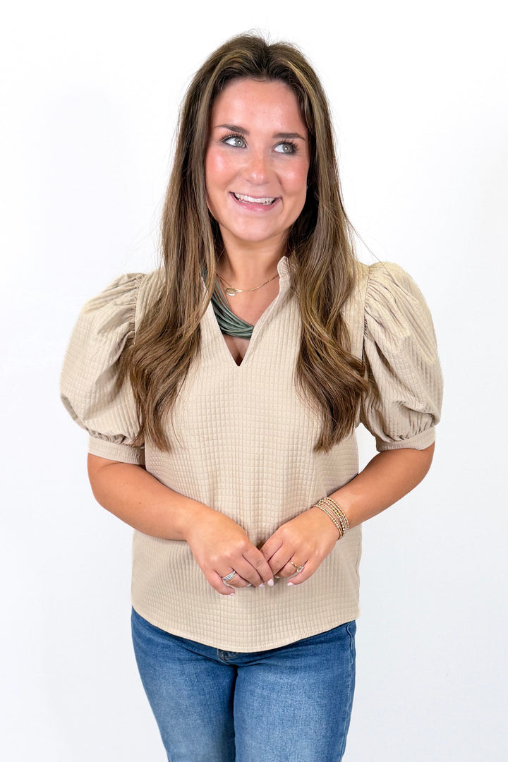 BEIGE GRID PATTERN PUFF SLEEVE TOP