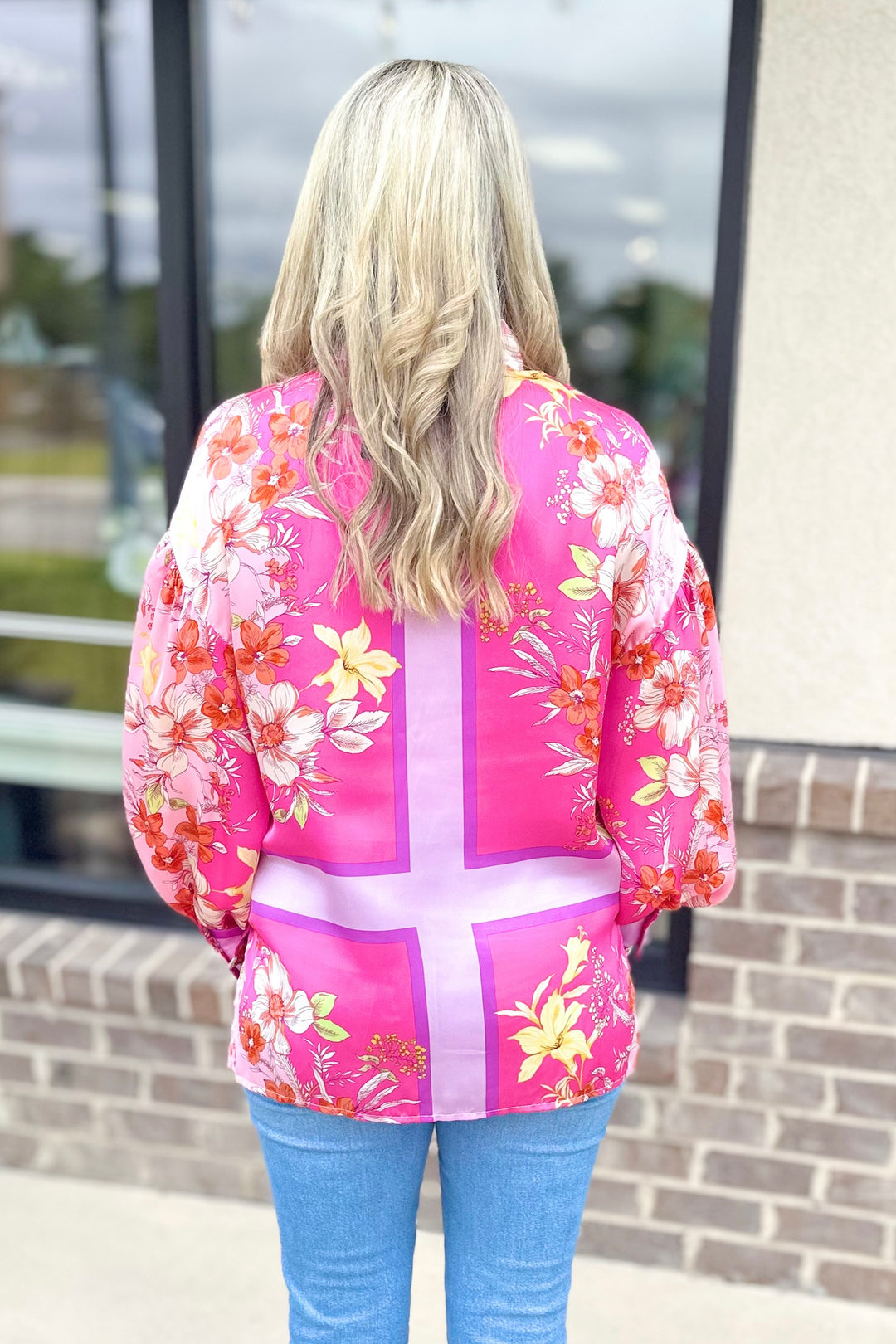 PINK FLORAL BORDER BUTTON DOWN TOP