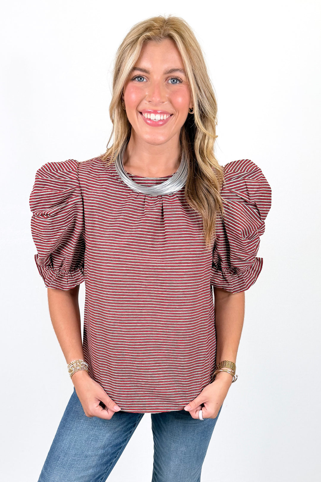 BURGUNDY STRIPE PUFF SLEEVE TOP