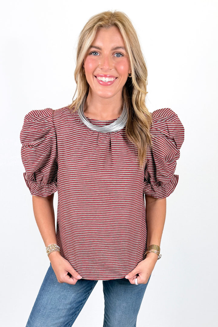 BURGUNDY STRIPE PUFF SLEEVE TOP