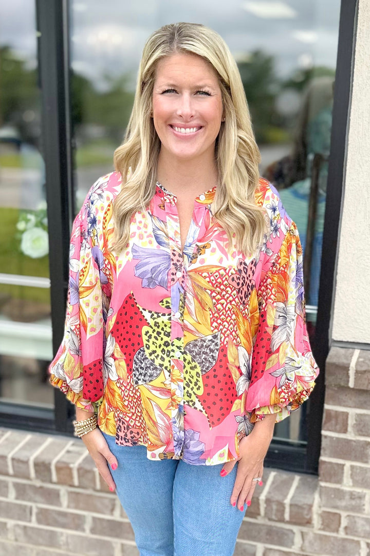 PINK FLORAL & ANIMAL PRINT BUBBLE SLEEVE TOP