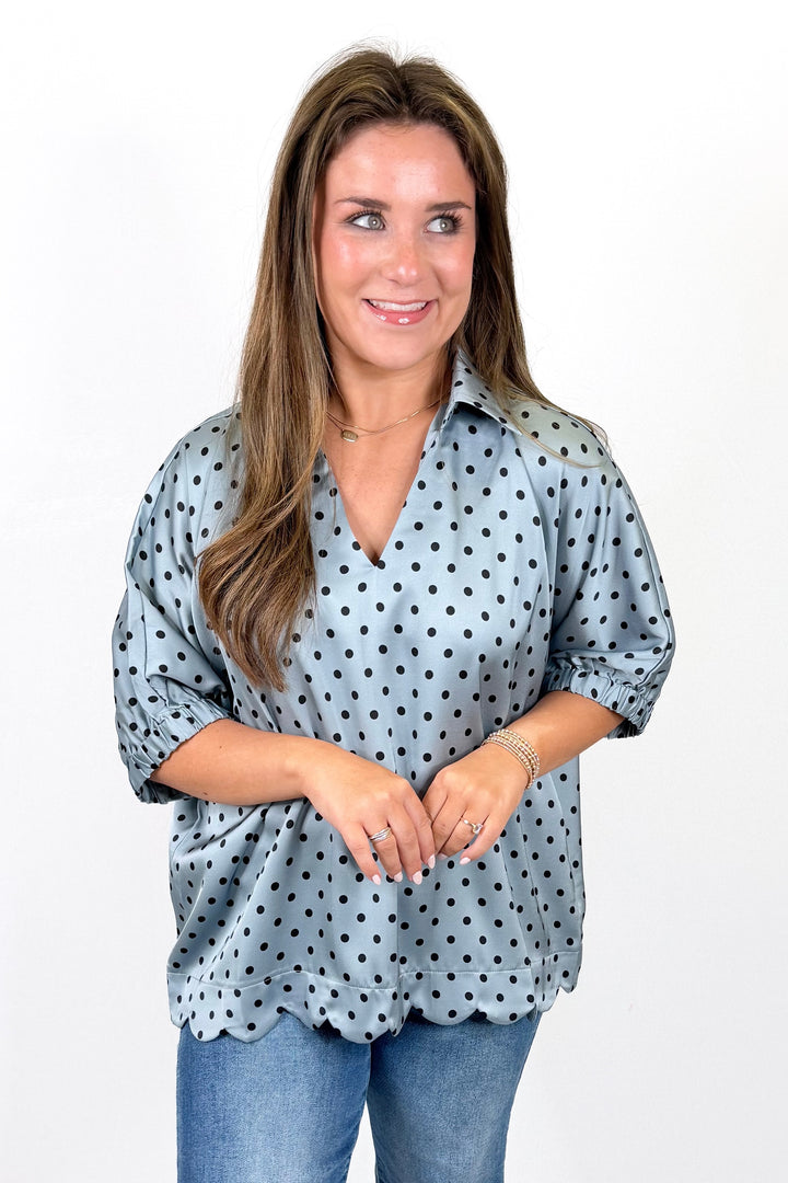 BLUE & NAVY POLKA DOT COLLAR TOP