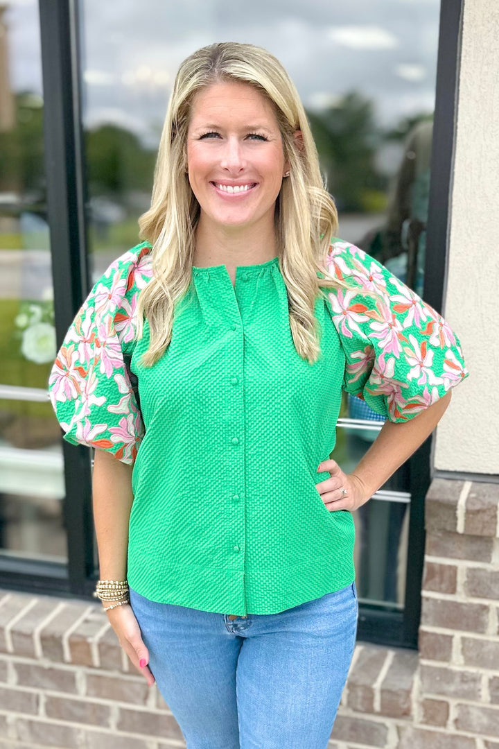 GREEN TEXTURED EMBROIDERED SLEEVE BUTTON TOP