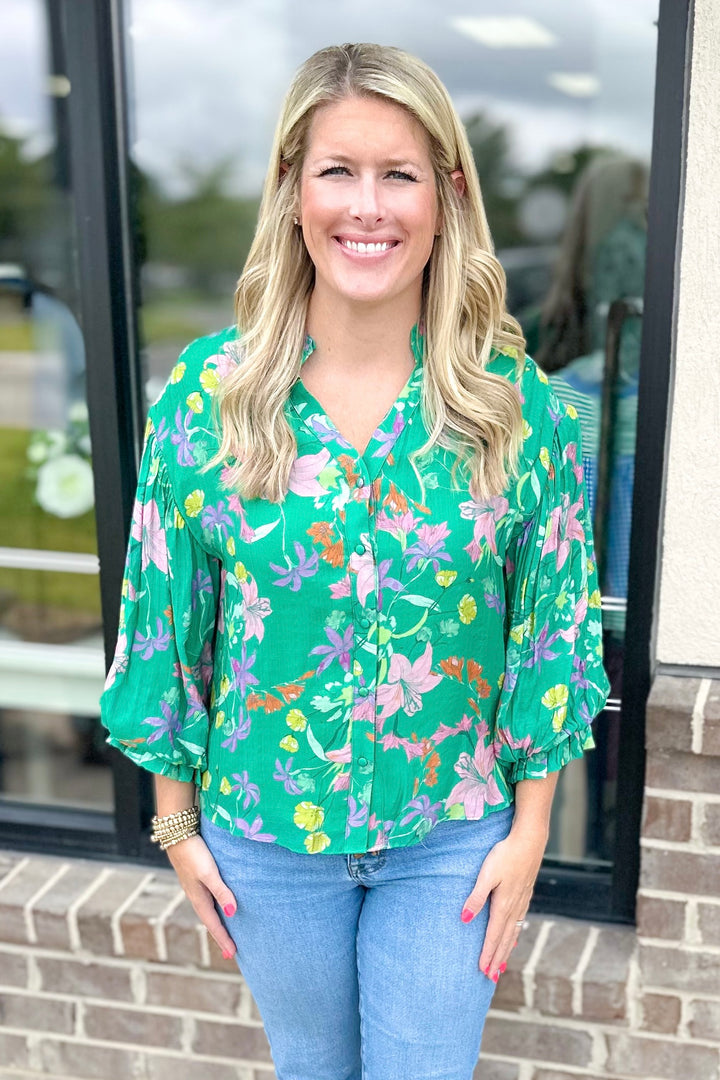 GREEN FLORAL BUBBLE SLEEVE TOP