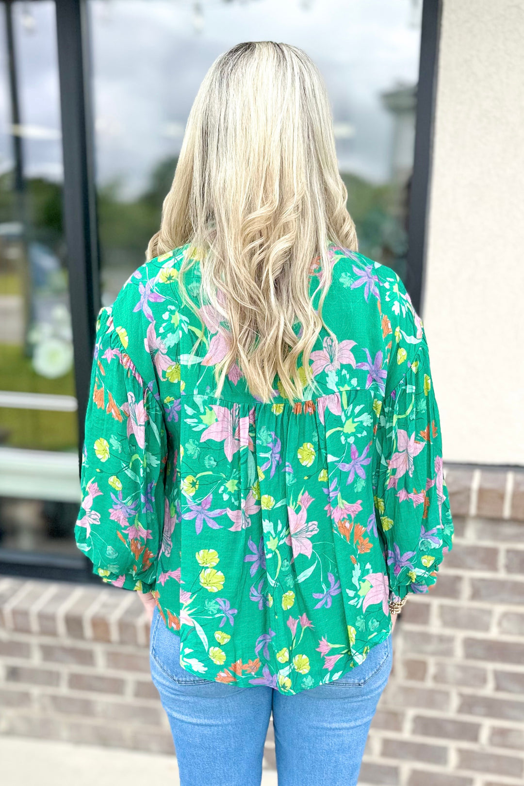 GREEN FLORAL BUBBLE SLEEVE TOP