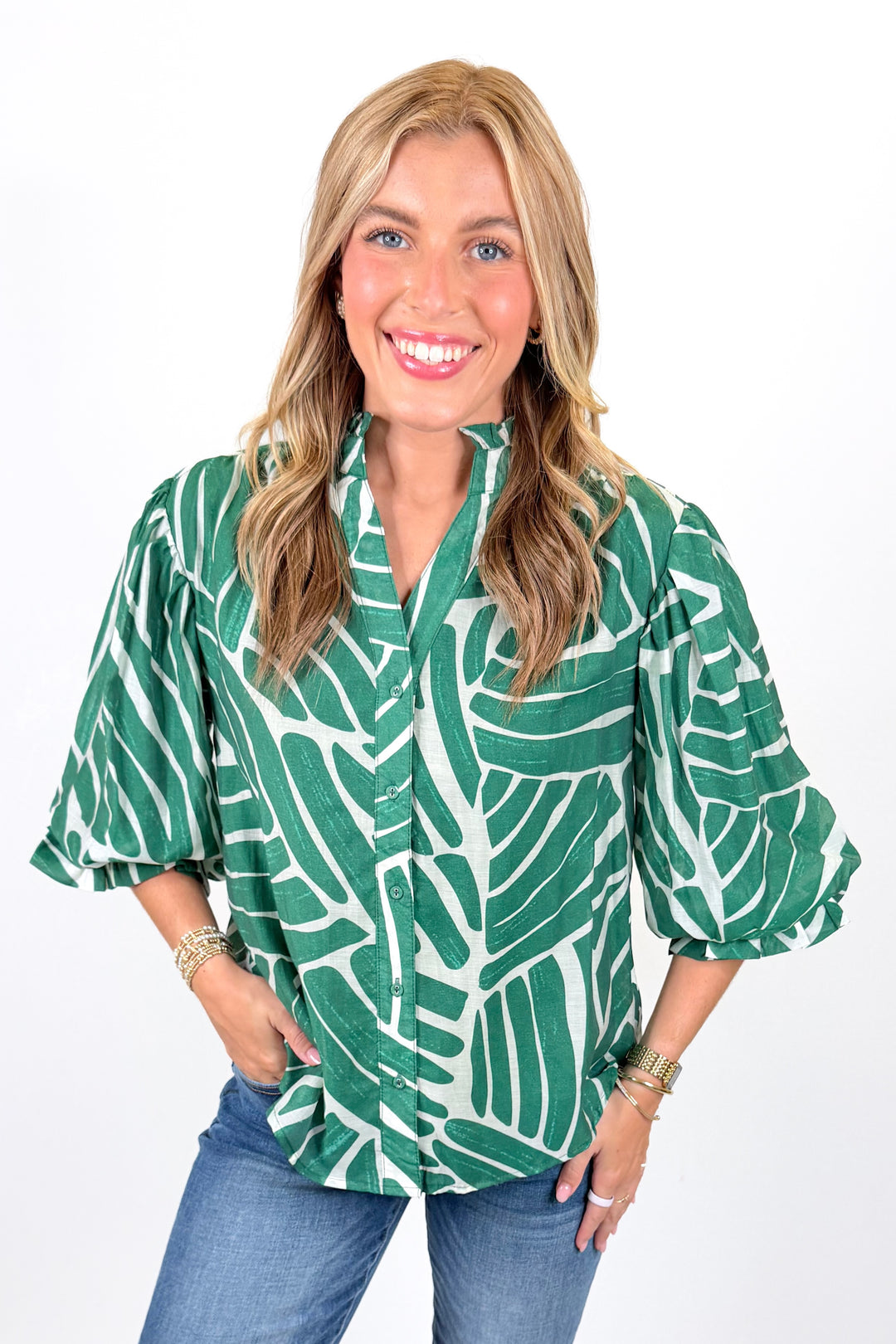 GREEN ABSTRACT PRINT BALLOON SLEEVE TOP