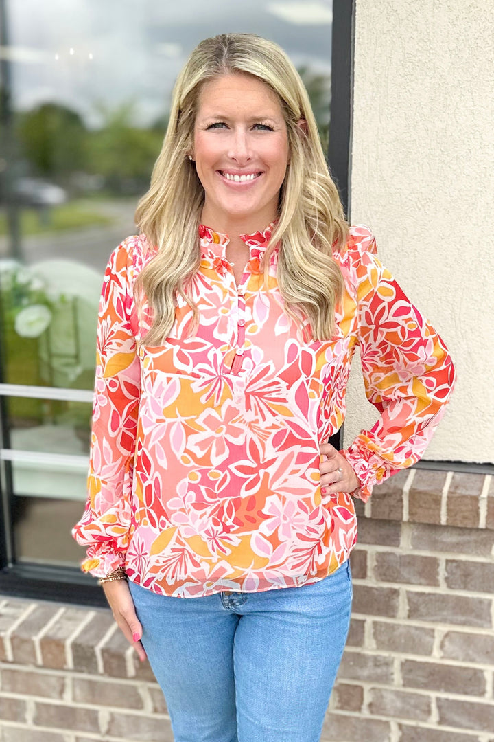 PINK, ORANGE, YELLOW, RUFFLE DETAIL BUTTON FRONT TOP