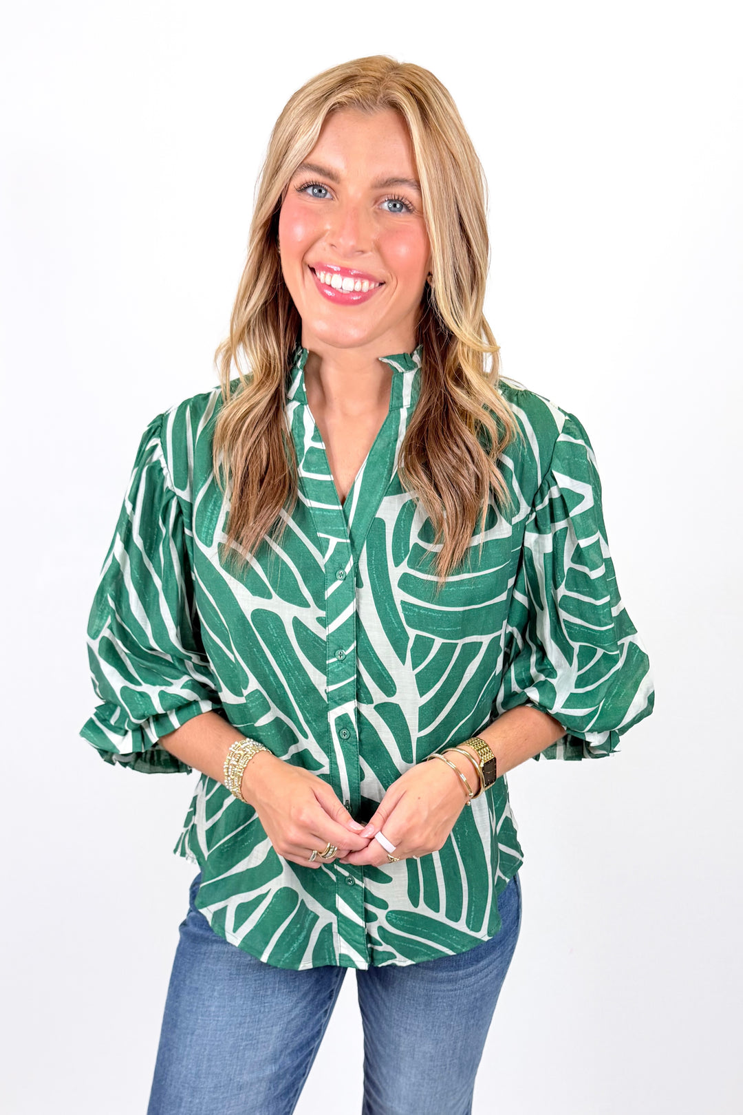 GREEN ABSTRACT PRINT BALLOON SLEEVE TOP
