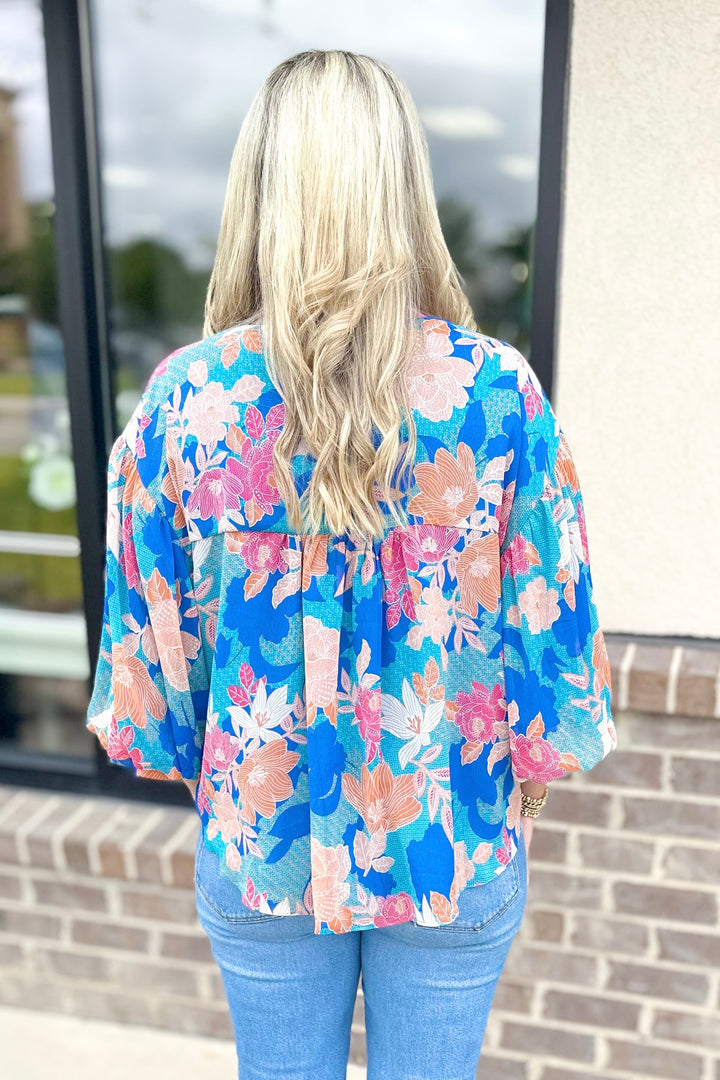 BLUE MULTI FLORAL 3/4 BALLOON SLEEVE TOP