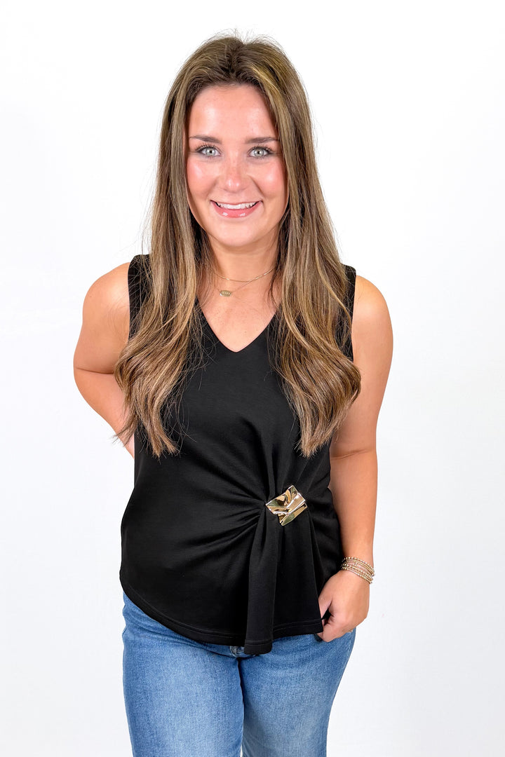 BLACK GOLD DETAIL GATHERED SIDE SLEEVLESS TOP