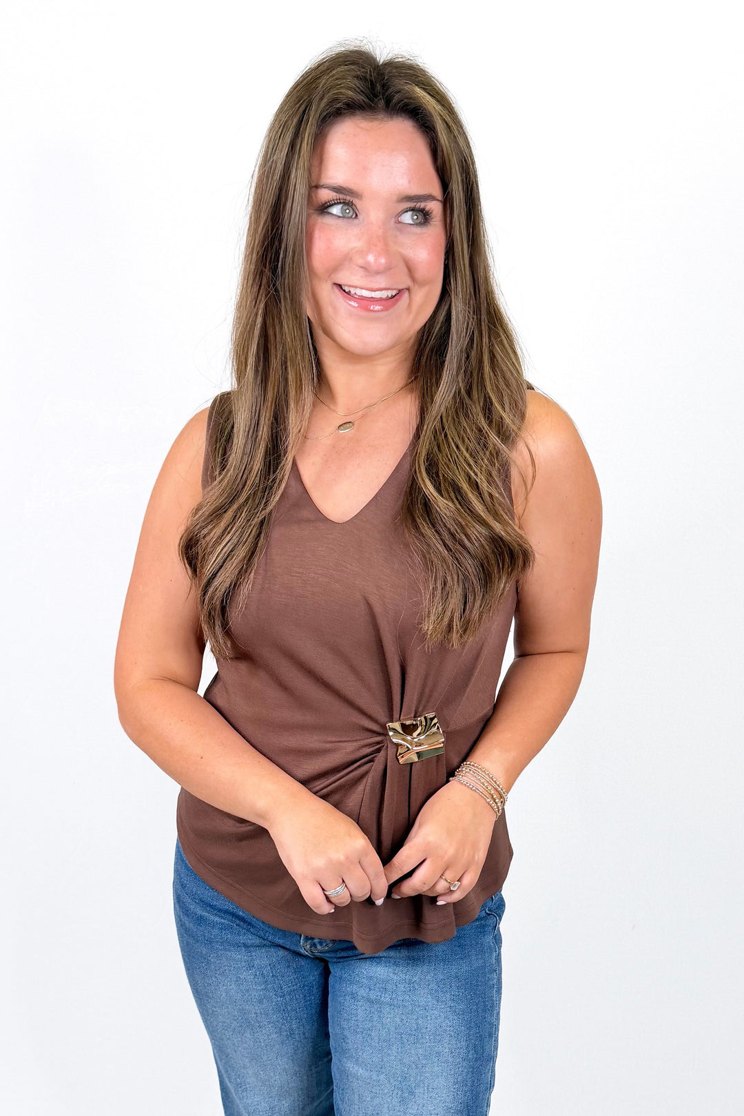 BROWN GOLD DETAIL GATHERED SIDE SLEEVLESS TOP