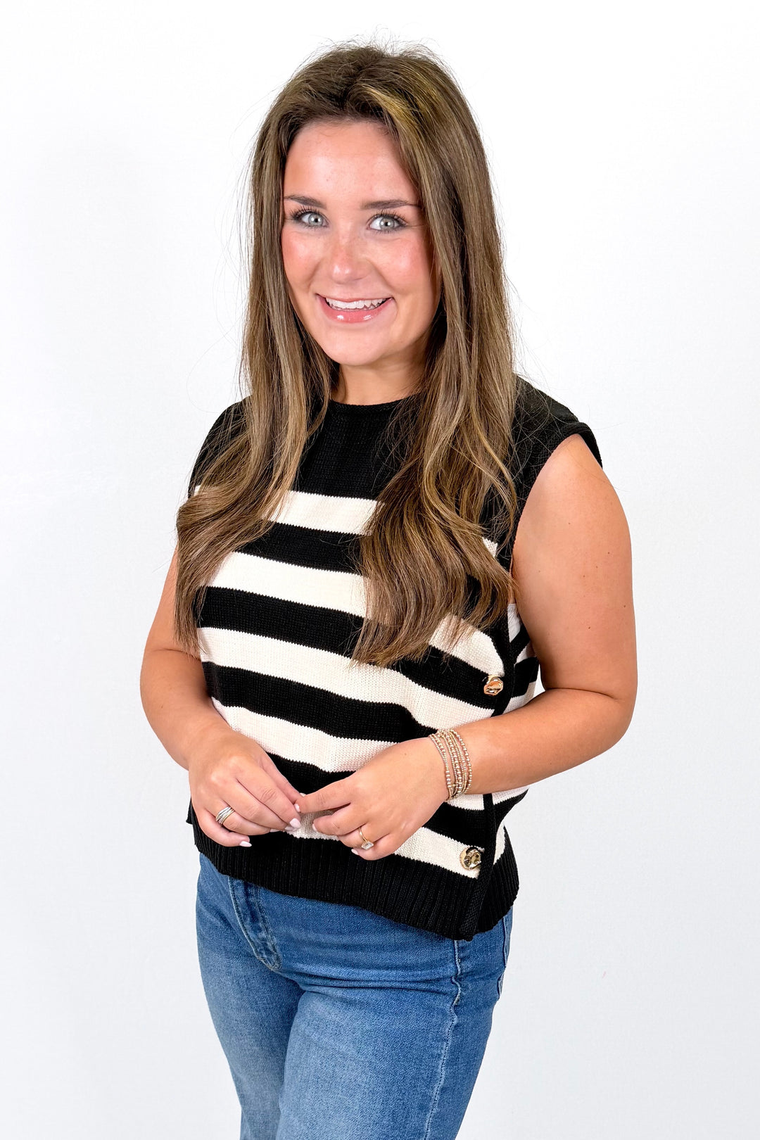 BLACK STRIPE GOLD BUTTON SLEEVELESS SWEATER