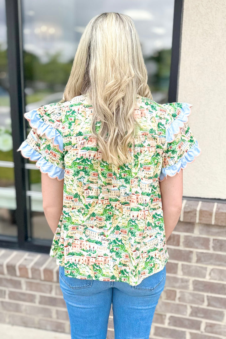 GREEN & PEACH LANDSCAPE SCALLOP TRIM TOP