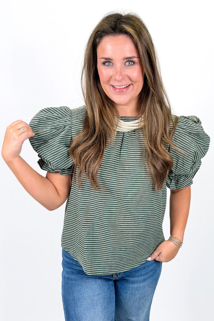 GREEN STRIPE PUFF SLEEVE TOP