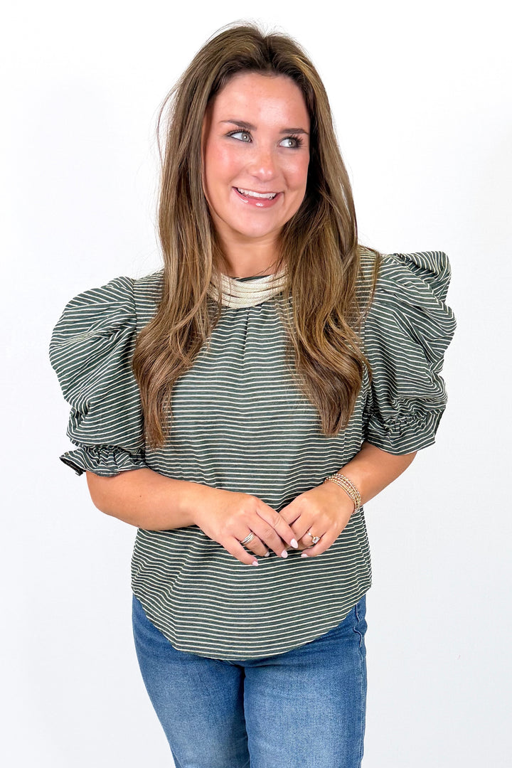 GREEN STRIPE PUFF SLEEVE TOP
