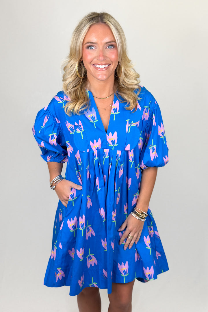 Blue floral mini dress for women with puff sleeves and flowy silhouette boutique spring outfit