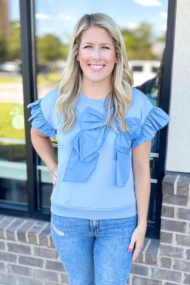 BABY BLUE BOW FRONT RUFFLE SHOULDER TOP