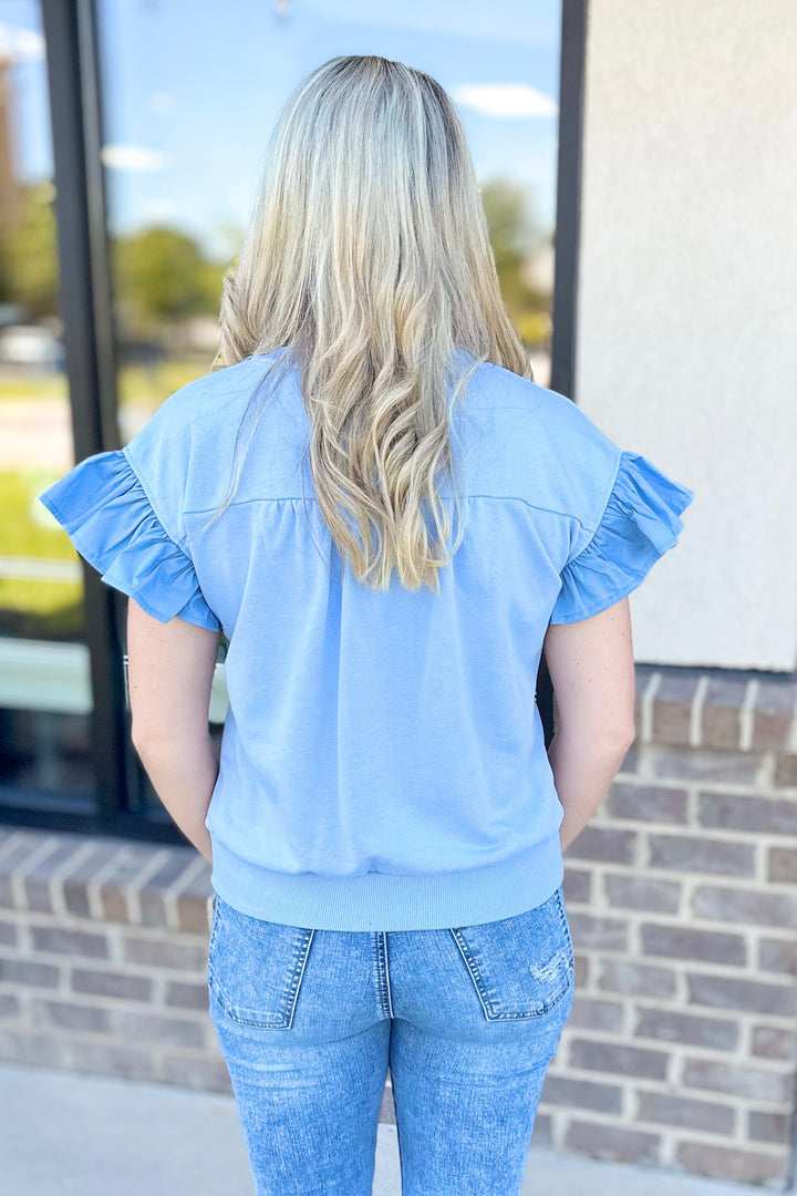 BABY BLUE BOW FRONT RUFFLE SHOULDER TOP