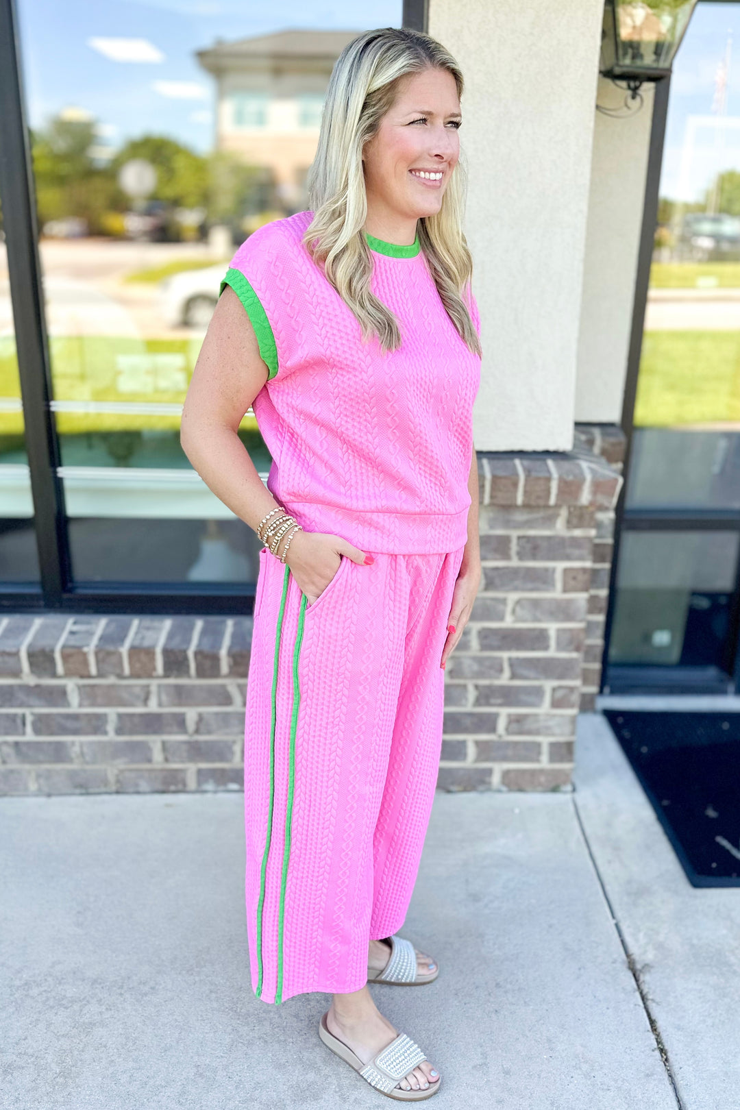 PINK & GREEN TEXTURED PANT SET