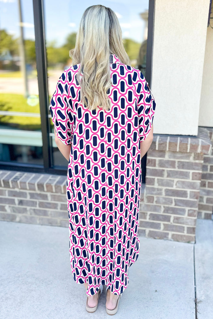 PINK & NAVY GEO PRINT MIDI DRESS