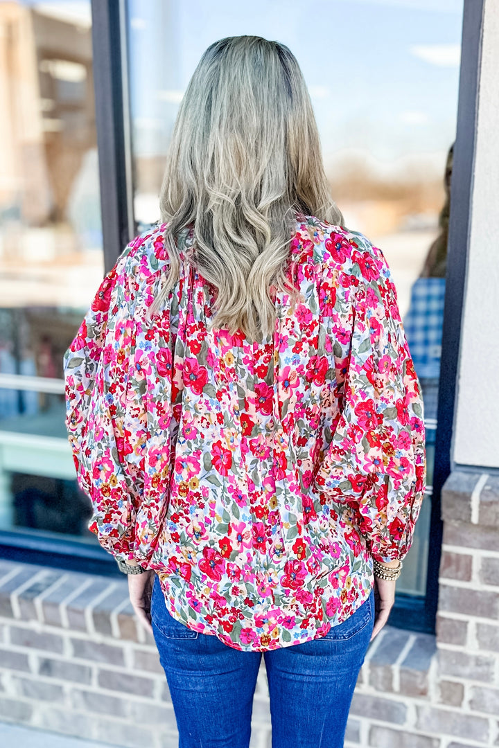 PINK & GREEN FLORAL BUTTON FLOWY TOP
