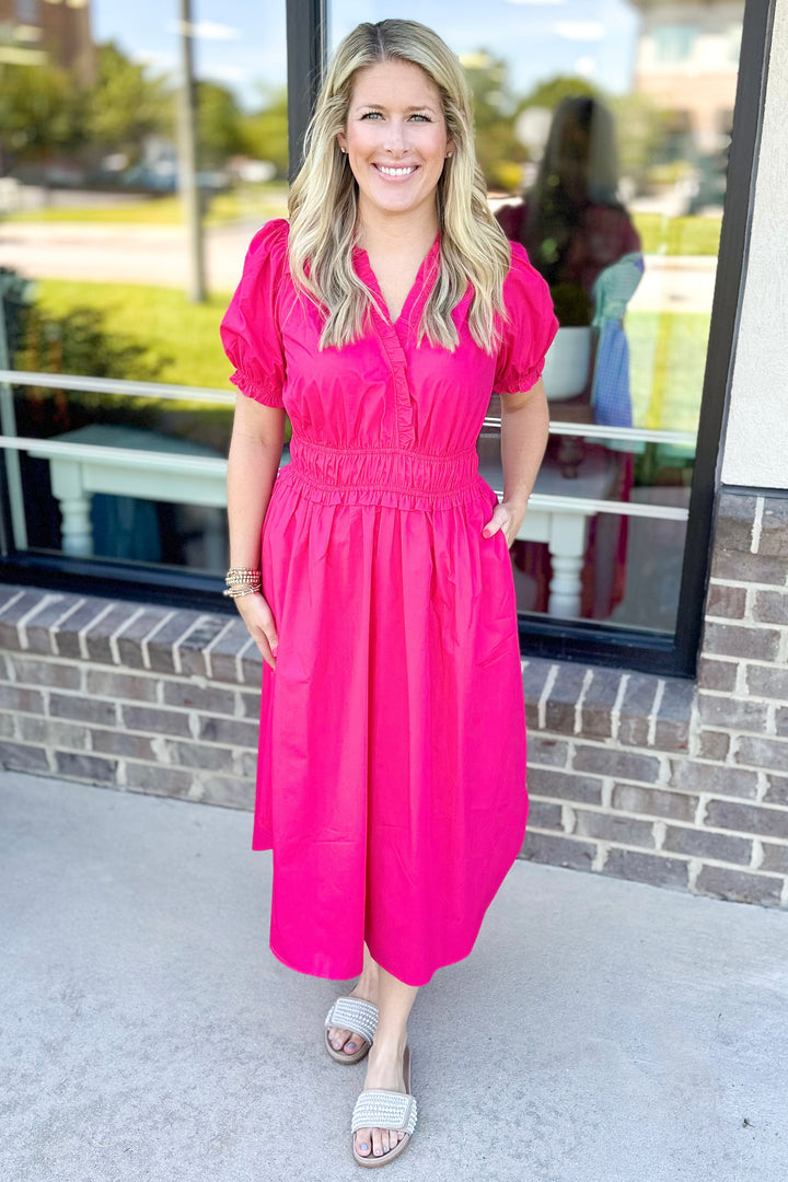 FUCHSIA ELASTIC WAIST MIDI DRESS