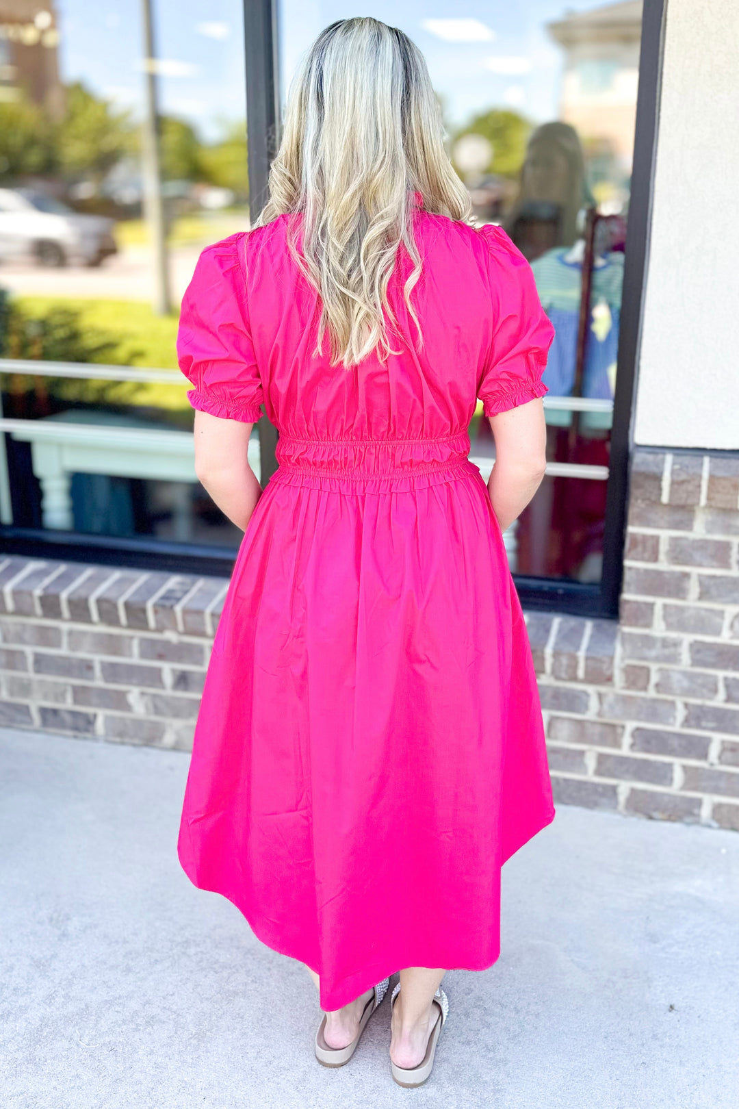 FUCHSIA ELASTIC WAIST MIDI DRESS