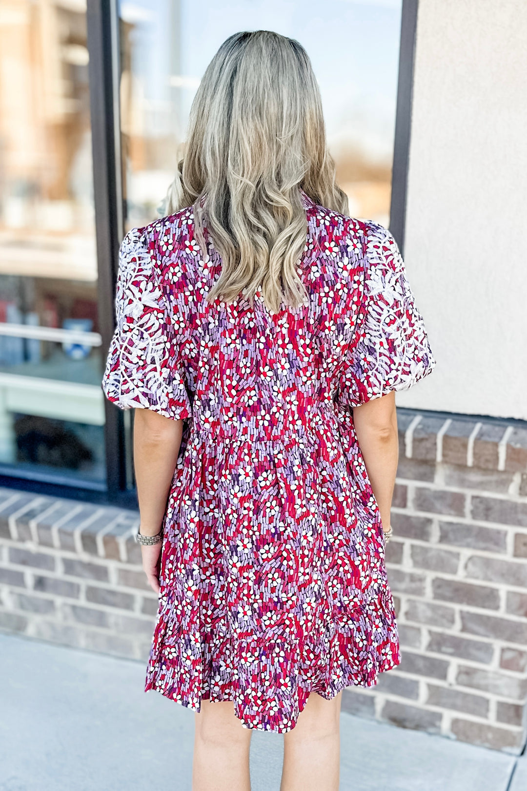 RED & PINK PRINTED EMBROIDERED SLEEVE DRESS
