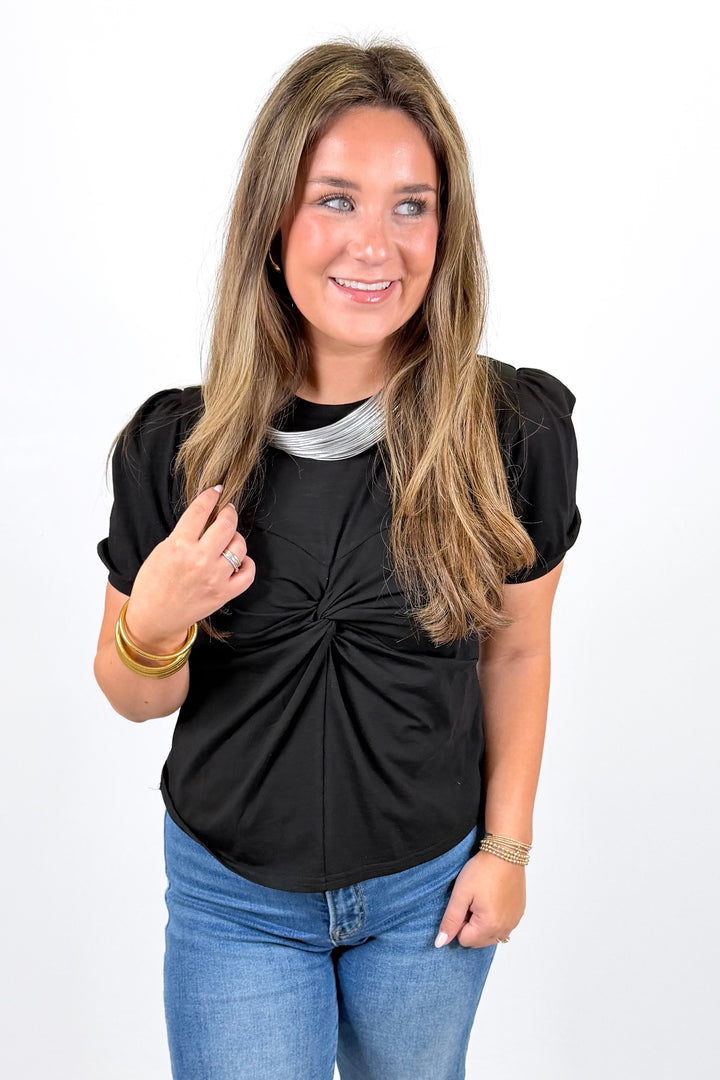 BLACK TWISTED KNOT PUFF SLEEVE KNIT TOP