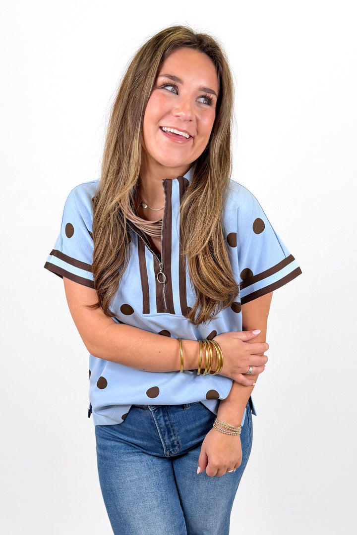 BLUE & BROWN POLKA DOT ZIP FRONT TOP