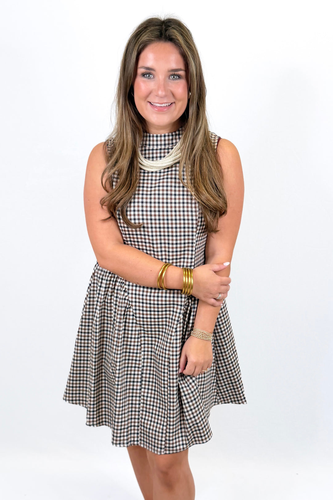 NAVY & BROWN GINGHAM DROP WAIST DRESS
