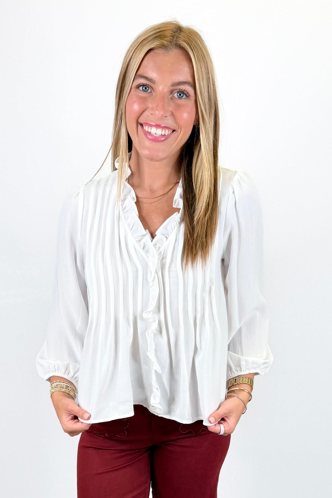 WHITE 3/4 SLEEVE RUFFLE TRIM PINTUCK BLOUSE