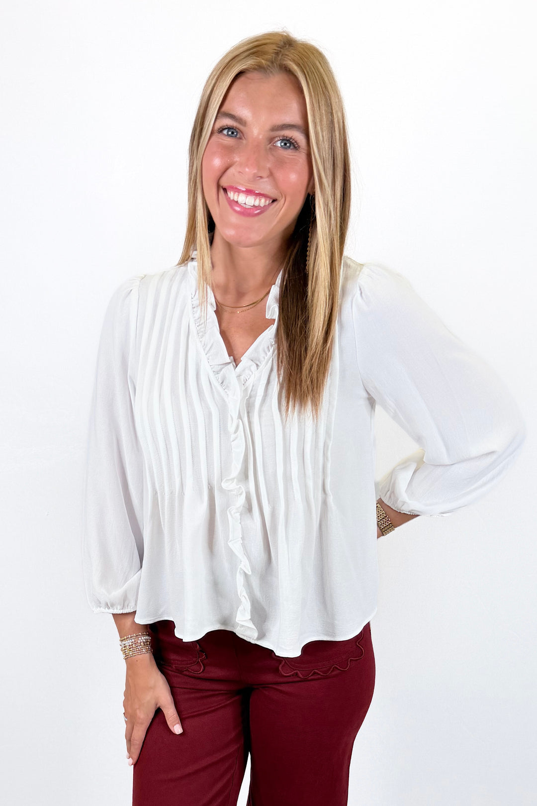 WHITE 3/4 SLEEVE RUFFLE TRIM PINTUCK BLOUSE