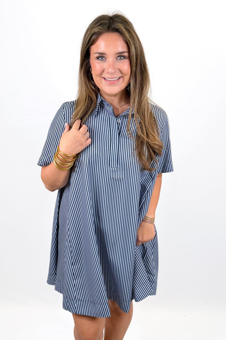 LIGHT BLUE & NAVY STRIPE SHIRT DRESS