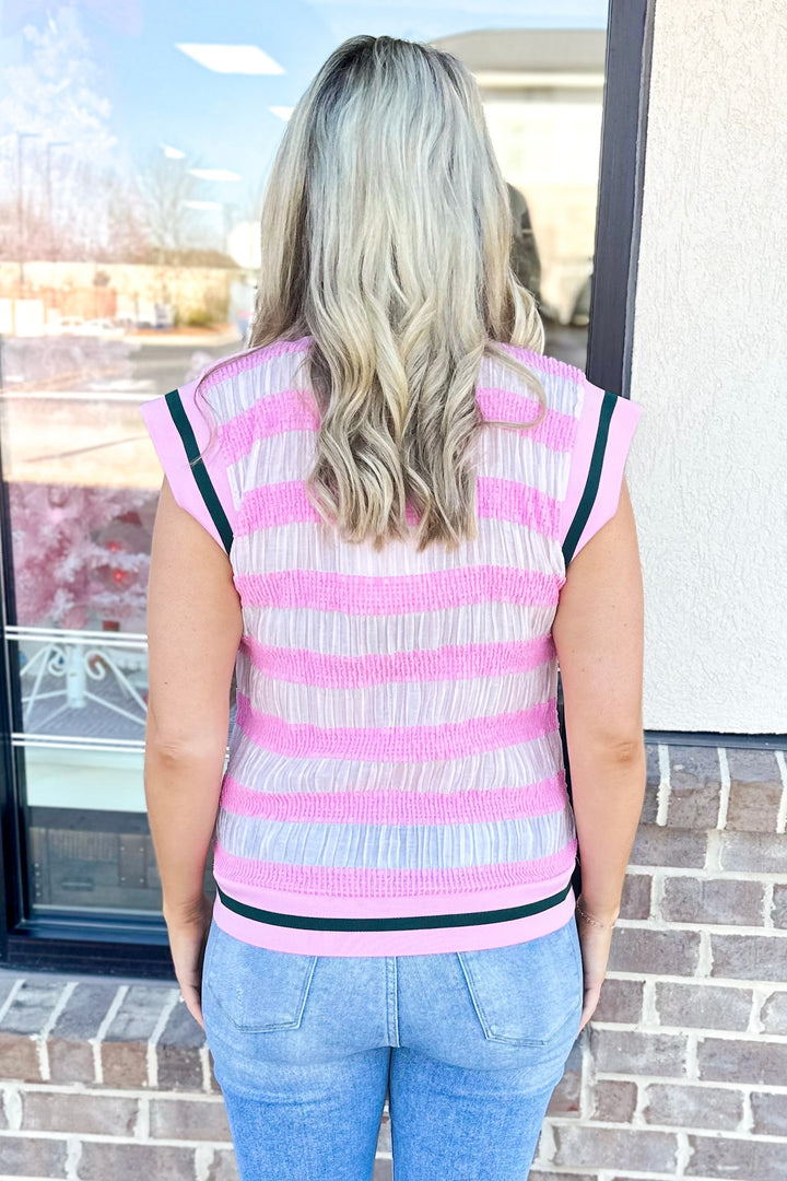 PINK & GREEN TEXTURED STRIPE SLEEVELESS TOP