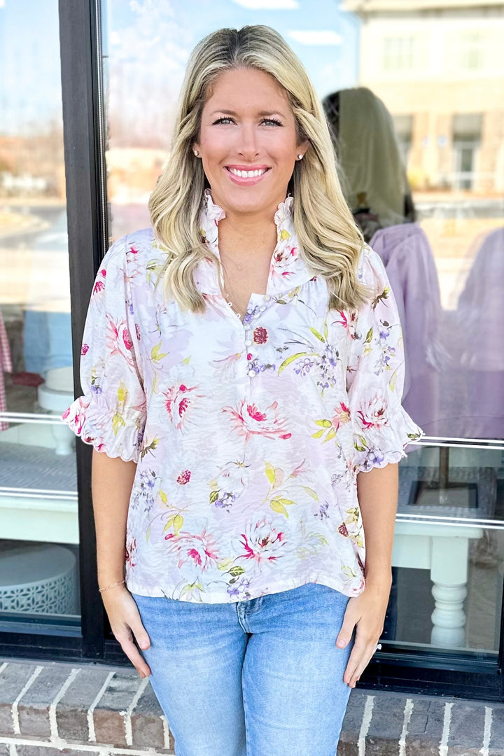 PINK FLORAL RUFFLE STANDING COLLAR BUTTON TOP