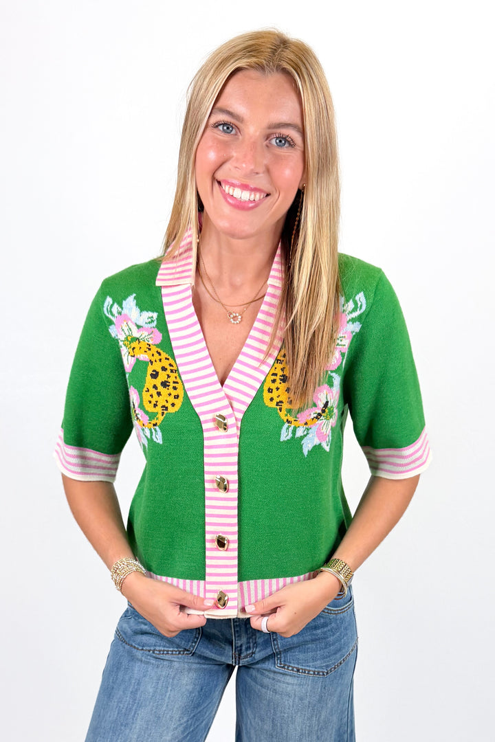 GREEN & PINK STRIPE LEOPARD SWEATER TOP