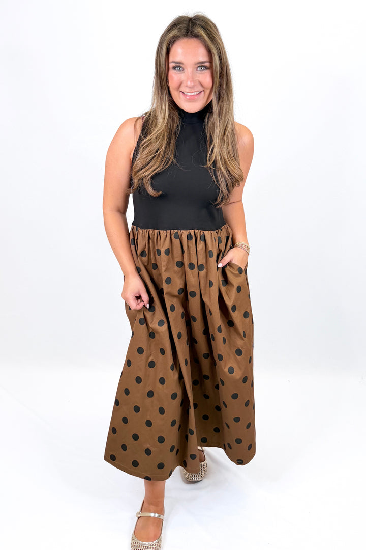 BROWN & BLACK POLKA DOT SLEEVELESS DRESS