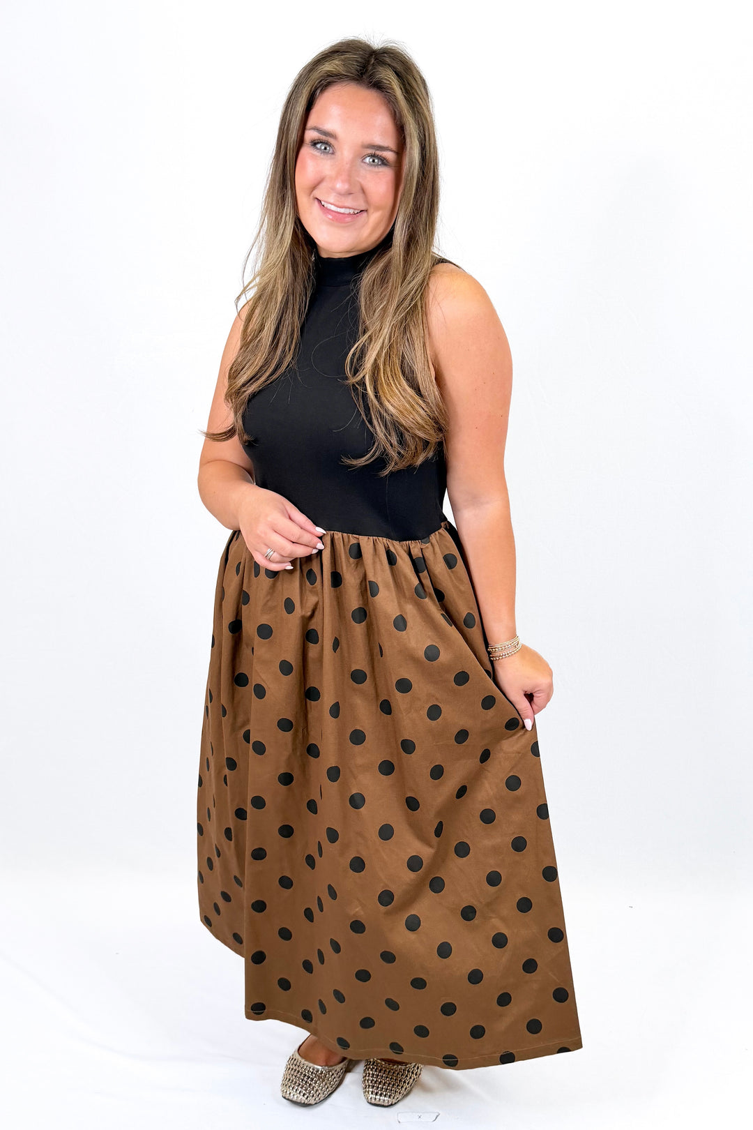 BROWN & BLACK POLKA DOT SLEEVELESS DRESS